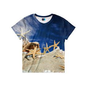 Детская футболка 3D с принтом Морской пляж 1 в Санкт-Петербурге, 100% гипоаллергенный полиэфир | прямой крой, круглый вырез горловины, длина до линии бедер, чуть спущенное плечо, ткань немного тянется | море | отдых | отпуск | пляж | ракушки | туризм