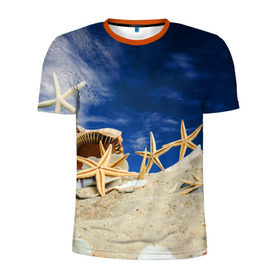 Мужская футболка 3D спортивная с принтом Морской пляж 1 в Санкт-Петербурге, 100% полиэстер с улучшенными характеристиками | приталенный силуэт, круглая горловина, широкие плечи, сужается к линии бедра | Тематика изображения на принте: море | отдых | отпуск | пляж | ракушки | туризм