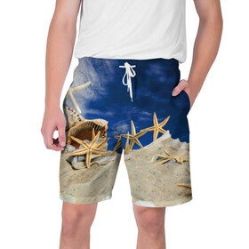 Мужские шорты 3D с принтом Морской пляж 1 в Санкт-Петербурге,  полиэстер 100% | прямой крой, два кармана без застежек по бокам. Мягкая трикотажная резинка на поясе, внутри которой широкие завязки. Длина чуть выше колен | море | отдых | отпуск | пляж | ракушки | туризм