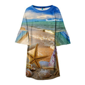Детское платье 3D с принтом Морской пляж 2 в Санкт-Петербурге, 100% полиэстер | прямой силуэт, чуть расширенный к низу. Круглая горловина, на рукавах — воланы | Тематика изображения на принте: море | отдых | отпуск | пляж | ракушки | туризм
