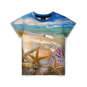 Детская футболка 3D с принтом Морской пляж 2 в Санкт-Петербурге, 100% гипоаллергенный полиэфир | прямой крой, круглый вырез горловины, длина до линии бедер, чуть спущенное плечо, ткань немного тянется | Тематика изображения на принте: море | отдых | отпуск | пляж | ракушки | туризм