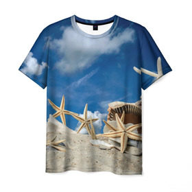 Мужская футболка 3D с принтом Морской пляж 3 в Санкт-Петербурге, 100% полиэфир | прямой крой, круглый вырез горловины, длина до линии бедер | море | отдых | отпуск | пляж | ракушки | туризм