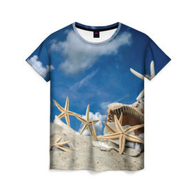 Женская футболка 3D с принтом Морской пляж 3 в Санкт-Петербурге, 100% полиэфир ( синтетическое хлопкоподобное полотно) | прямой крой, круглый вырез горловины, длина до линии бедер | море | отдых | отпуск | пляж | ракушки | туризм