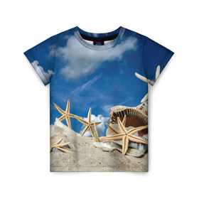 Детская футболка 3D с принтом Морской пляж 3 в Санкт-Петербурге, 100% гипоаллергенный полиэфир | прямой крой, круглый вырез горловины, длина до линии бедер, чуть спущенное плечо, ткань немного тянется | море | отдых | отпуск | пляж | ракушки | туризм