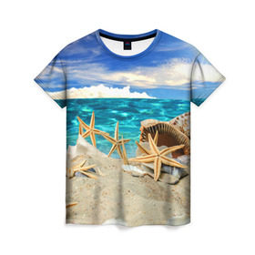 Женская футболка 3D с принтом Морской пляж 4 в Санкт-Петербурге, 100% полиэфир ( синтетическое хлопкоподобное полотно) | прямой крой, круглый вырез горловины, длина до линии бедер | море | отдых | отпуск | пляж | ракушки | туризм