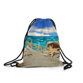 Рюкзак-мешок 3D с принтом Морской пляж 4 в Санкт-Петербурге, 100% полиэстер | плотность ткани — 200 г/м2, размер — 35 х 45 см; лямки — толстые шнурки, застежка на шнуровке, без карманов и подкладки | море | отдых | отпуск | пляж | ракушки | туризм