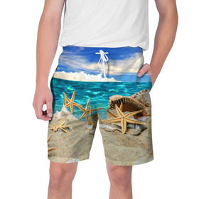 Мужские шорты 3D с принтом Морской пляж 4 в Санкт-Петербурге,  полиэстер 100% | прямой крой, два кармана без застежек по бокам. Мягкая трикотажная резинка на поясе, внутри которой широкие завязки. Длина чуть выше колен | Тематика изображения на принте: море | отдых | отпуск | пляж | ракушки | туризм