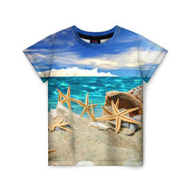 Детская футболка 3D с принтом Морской пляж 4 в Санкт-Петербурге, 100% гипоаллергенный полиэфир | прямой крой, круглый вырез горловины, длина до линии бедер, чуть спущенное плечо, ткань немного тянется | море | отдых | отпуск | пляж | ракушки | туризм