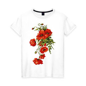 Женская футболка хлопок с принтом Маки в Санкт-Петербурге, 100% хлопок | прямой крой, круглый вырез горловины, длина до линии бедер, слегка спущенное плечо | embroidery | flowers | poppies | red | wild | вышивка | красные | маки | полевые | цветы