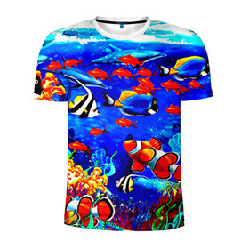 Мужская футболка 3D спортивная с принтом Рыбки в Санкт-Петербурге, 100% полиэстер с улучшенными характеристиками | приталенный силуэт, круглая горловина, широкие плечи, сужается к линии бедра | аквариум | вода | лето | море | риф | рыбки | тропики | фауна