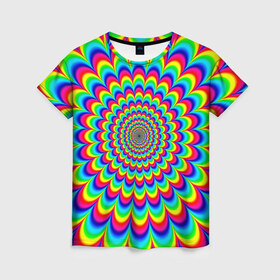 Женская футболка 3D с принтом Psychedelic в Санкт-Петербурге, 100% полиэфир ( синтетическое хлопкоподобное полотно) | прямой крой, круглый вырез горловины, длина до линии бедер | круги | радужный | разоцветный | яркий