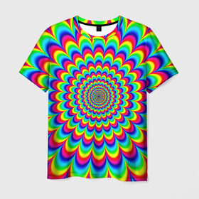 Мужская футболка 3D с принтом Psychedelic в Санкт-Петербурге, 100% полиэфир | прямой крой, круглый вырез горловины, длина до линии бедер | Тематика изображения на принте: круги | радужный | разоцветный | яркий