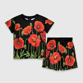 Детский костюм с шортами 3D с принтом Маки в Санкт-Петербурге,  |  | field | flowers | meadow | poppies | red | white | белые | красные | луг | маки | поле | полевые | цветы