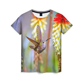 Женская футболка 3D с принтом Колибри в Санкт-Петербурге, 100% полиэфир ( синтетическое хлопкоподобное полотно) | прямой крой, круглый вырез горловины, длина до линии бедер | лепесток | новая | природа | птичка | цветок | яркая