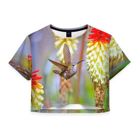 Женская футболка 3D укороченная с принтом Колибри в Санкт-Петербурге, 100% полиэстер | круглая горловина, длина футболки до линии талии, рукава с отворотами | Тематика изображения на принте: лепесток | новая | природа | птичка | цветок | яркая