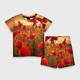 Детский костюм с шортами 3D с принтом Маки в Санкт-Петербурге,  |  | field | flowers | meadow | nature | poppies | red | sky | summer | sun | sunset | wild | закат | красные | лето | луг | маки | небо | поле | полевые | природа | солнце | цветы