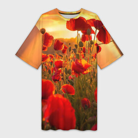 Платье-футболка 3D с принтом Маки в Санкт-Петербурге,  |  | field | flowers | meadow | nature | poppies | red | sky | summer | sun | sunset | wild | закат | красные | лето | луг | маки | небо | поле | полевые | природа | солнце | цветы