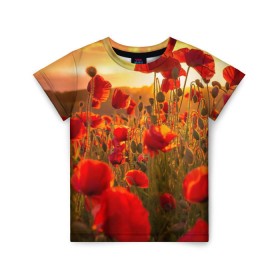 Детская футболка 3D с принтом Маки в Санкт-Петербурге, 100% гипоаллергенный полиэфир | прямой крой, круглый вырез горловины, длина до линии бедер, чуть спущенное плечо, ткань немного тянется | field | flowers | meadow | nature | poppies | red | sky | summer | sun | sunset | wild | закат | красные | лето | луг | маки | небо | поле | полевые | природа | солнце | цветы