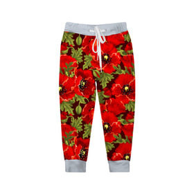 Детские брюки 3D с принтом Маки в Санкт-Петербурге, 100% полиэстер | манжеты по низу, эластичный пояс регулируется шнурком, по бокам два кармана без застежек, внутренняя часть кармана из мелкой сетки | flowers | poppies | red | wild | красные | мак | маки | полевые | цветы