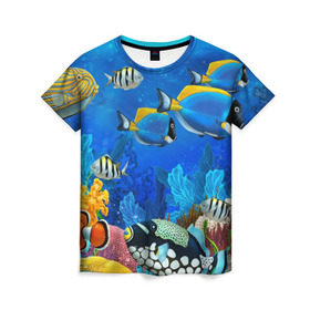 Женская футболка 3D с принтом Экзотические рыбки в Санкт-Петербурге, 100% полиэфир ( синтетическое хлопкоподобное полотно) | прямой крой, круглый вырез горловины, длина до линии бедер | животые | красочные | морские | рыбки | цветные | экзотические