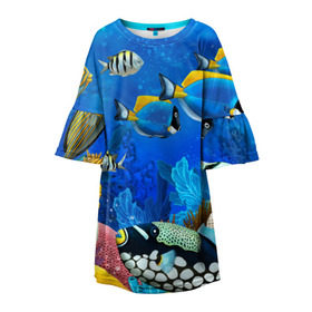 Детское платье 3D с принтом Экзотические рыбки в Санкт-Петербурге, 100% полиэстер | прямой силуэт, чуть расширенный к низу. Круглая горловина, на рукавах — воланы | Тематика изображения на принте: животые | красочные | морские | рыбки | цветные | экзотические