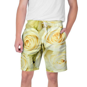 Мужские шорты 3D с принтом Белые розы в Санкт-Петербурге,  полиэстер 100% | прямой крой, два кармана без застежек по бокам. Мягкая трикотажная резинка на поясе, внутри которой широкие завязки. Длина чуть выше колен | лепестки | розы | цветы