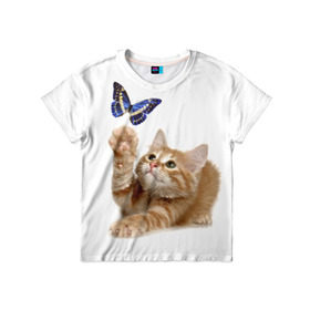 Детская футболка 3D с принтом Котенок и бабочка 2 в Санкт-Петербурге, 100% гипоаллергенный полиэфир | прямой крой, круглый вырез горловины, длина до линии бедер, чуть спущенное плечо, ткань немного тянется | бабочка | кот | котенок | кошка | мордочка