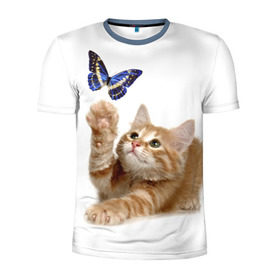 Мужская футболка 3D спортивная с принтом Котенок и бабочка 2 в Санкт-Петербурге, 100% полиэстер с улучшенными характеристиками | приталенный силуэт, круглая горловина, широкие плечи, сужается к линии бедра | Тематика изображения на принте: бабочка | кот | котенок | кошка | мордочка