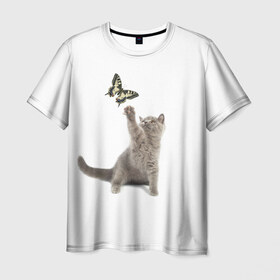 Мужская футболка 3D с принтом Котенок и бабочка 3 в Санкт-Петербурге, 100% полиэфир | прямой крой, круглый вырез горловины, длина до линии бедер | Тематика изображения на принте: кот | кошка