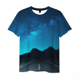Мужская футболка 3D с принтом Дорога под чистым небом в Санкт-Петербурге, 100% полиэфир | прямой крой, круглый вырез горловины, длина до линии бедер | osfenemy | горы | дорога | звезды | космос | красиво | небо | пейзаж | путь | черный | чудо