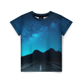 Детская футболка 3D с принтом Дорога под чистым небом в Санкт-Петербурге, 100% гипоаллергенный полиэфир | прямой крой, круглый вырез горловины, длина до линии бедер, чуть спущенное плечо, ткань немного тянется | osfenemy | горы | дорога | звезды | космос | красиво | небо | пейзаж | путь | черный | чудо