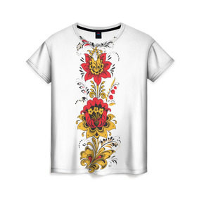 Женская футболка 3D с принтом Хохлома 2 в Санкт-Петербурге, 100% полиэфир ( синтетическое хлопкоподобное полотно) | прямой крой, круглый вырез горловины, длина до линии бедер | ветки | лента | лист | народное | россия | русское | узор
