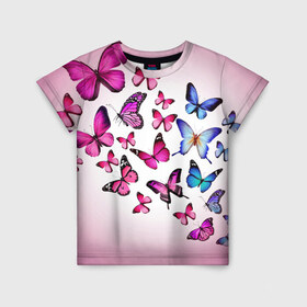 Детская футболка 3D с принтом Butterflies в Санкт-Петербурге, 100% гипоаллергенный полиэфир | прямой крой, круглый вырез горловины, длина до линии бедер, чуть спущенное плечо, ткань немного тянется | 