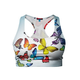 Женский спортивный топ 3D с принтом Butterflies в Санкт-Петербурге, 82% полиэстер, 18% спандекс Ткань безопасна для здоровья, позволяет коже дышать, не мнется и не растягивается |  | бабочки | белый | картинка | лето | природа | рисунок | розовый | цвета