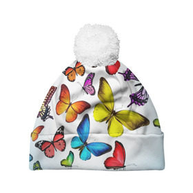 Шапка 3D c помпоном с принтом Butterflies в Санкт-Петербурге, 100% полиэстер | универсальный размер, печать по всей поверхности изделия | бабочки | белый | картинка | лето | природа | рисунок | розовый | цвета