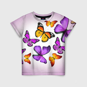 Детская футболка 3D с принтом Butterflies в Санкт-Петербурге, 100% гипоаллергенный полиэфир | прямой крой, круглый вырез горловины, длина до линии бедер, чуть спущенное плечо, ткань немного тянется | бабочки | белый | картинка | лето | природа | рисунок | розовый | цвета