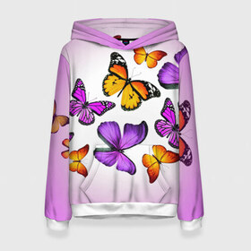 Женская толстовка 3D с принтом Butterflies в Санкт-Петербурге, 100% полиэстер  | двухслойный капюшон со шнурком для регулировки, мягкие манжеты на рукавах и по низу толстовки, спереди карман-кенгуру с мягким внутренним слоем. | бабочки | белый | картинка | лето | природа | рисунок | розовый | цвета