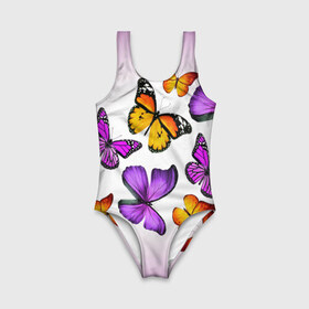 Детский купальник 3D с принтом Butterflies в Санкт-Петербурге, Полиэстер 85%, Спандекс 15% | Слитный крой, подклад по переду изделия, узкие бретели | Тематика изображения на принте: бабочки | белый | картинка | лето | природа | рисунок | розовый | цвета