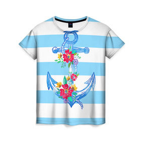 Женская футболка 3D с принтом Якорь в Санкт-Петербурге, 100% полиэфир ( синтетическое хлопкоподобное полотно) | прямой крой, круглый вырез горловины, длина до линии бедер | белый | верёвка | вода | корабль | красный | море | песок | пляж | синий | цвет | цветы | якорь