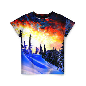 Детская футболка 3D с принтом Зимний лес в Санкт-Петербурге, 100% гипоаллергенный полиэфир | прямой крой, круглый вырез горловины, длина до линии бедер, чуть спущенное плечо, ткань немного тянется | вечер | закат | зима | лес | снег
