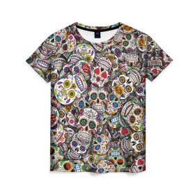 Женская футболка 3D с принтом Мексиканские черепа в Санкт-Петербурге, 100% полиэфир ( синтетическое хлопкоподобное полотно) | прямой крой, круглый вырез горловины, длина до линии бедер | calavera | sugar skull | день мертвых | мексика | традиция | узоры | цветы