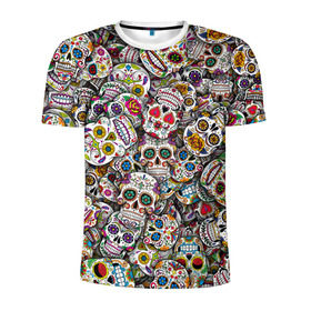 Мужская футболка 3D спортивная с принтом Мексиканские черепа в Санкт-Петербурге, 100% полиэстер с улучшенными характеристиками | приталенный силуэт, круглая горловина, широкие плечи, сужается к линии бедра | calavera | sugar skull | день мертвых | мексика | традиция | узоры | цветы