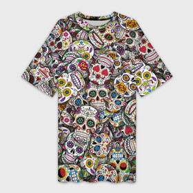 Платье-футболка 3D с принтом Мексиканские черепа в Санкт-Петербурге,  |  | calavera | sugar skull | день мертвых | мексика | традиция | узоры | цветы