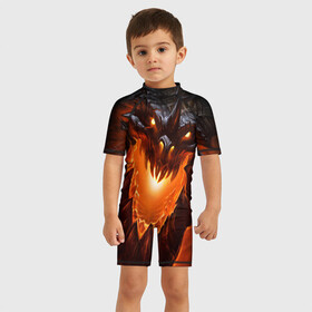 Детский купальный костюм 3D с принтом Огнедышащий дракон в Санкт-Петербурге, Полиэстер 85%, Спандекс 15% | застежка на молнии на спине | дракон | змей | монстр | огонь | пасть | пламя | прикольные картинки