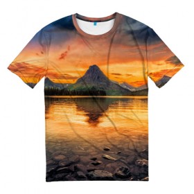 Мужская футболка 3D с принтом Гора в Санкт-Петербурге, 100% полиэфир | прямой крой, круглый вырез горловины, длина до линии бедер | лес | небо | озеро | отражение | пейзаж | природа | солнце