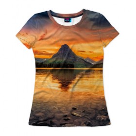 Женская футболка 3D с принтом Гора в Санкт-Петербурге, 100% полиэфир ( синтетическое хлопкоподобное полотно) | прямой крой, круглый вырез горловины, длина до линии бедер | лес | небо | озеро | отражение | пейзаж | природа | солнце
