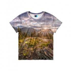 Детская футболка 3D с принтом Восход в Санкт-Петербурге, 100% гипоаллергенный полиэфир | прямой крой, круглый вырез горловины, длина до линии бедер, чуть спущенное плечо, ткань немного тянется | горы | лес | небо | пейзаж | природа | солнце
