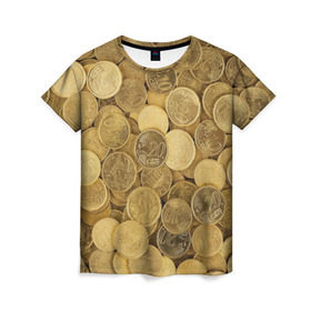 Женская футболка 3D с принтом монетки в Санкт-Петербурге, 100% полиэфир ( синтетическое хлопкоподобное полотно) | прямой крой, круглый вырез горловины, длина до линии бедер | деньги | евро | копейки | мелочёвка | мелочь | монеты