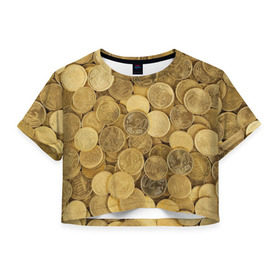 Женская футболка 3D укороченная с принтом монетки в Санкт-Петербурге, 100% полиэстер | круглая горловина, длина футболки до линии талии, рукава с отворотами | деньги | евро | копейки | мелочёвка | мелочь | монеты