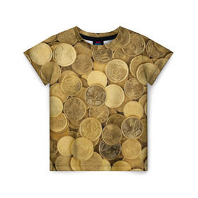 Детская футболка 3D с принтом монетки в Санкт-Петербурге, 100% гипоаллергенный полиэфир | прямой крой, круглый вырез горловины, длина до линии бедер, чуть спущенное плечо, ткань немного тянется | Тематика изображения на принте: деньги | евро | копейки | мелочёвка | мелочь | монеты